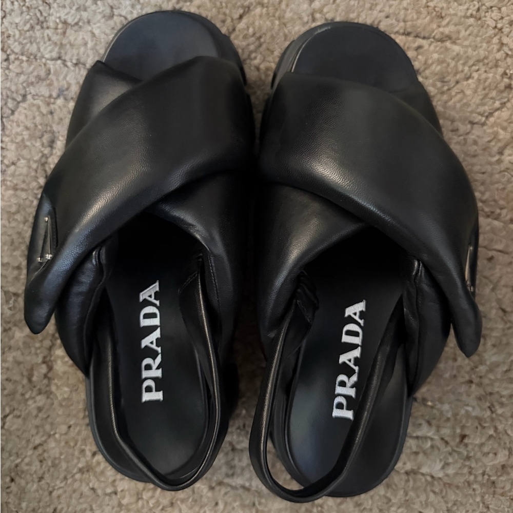 Prada Black Criss-Cross Leather Slides